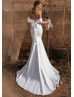 Off Shoulder White Lace Satin Corset Back Wedding Dress